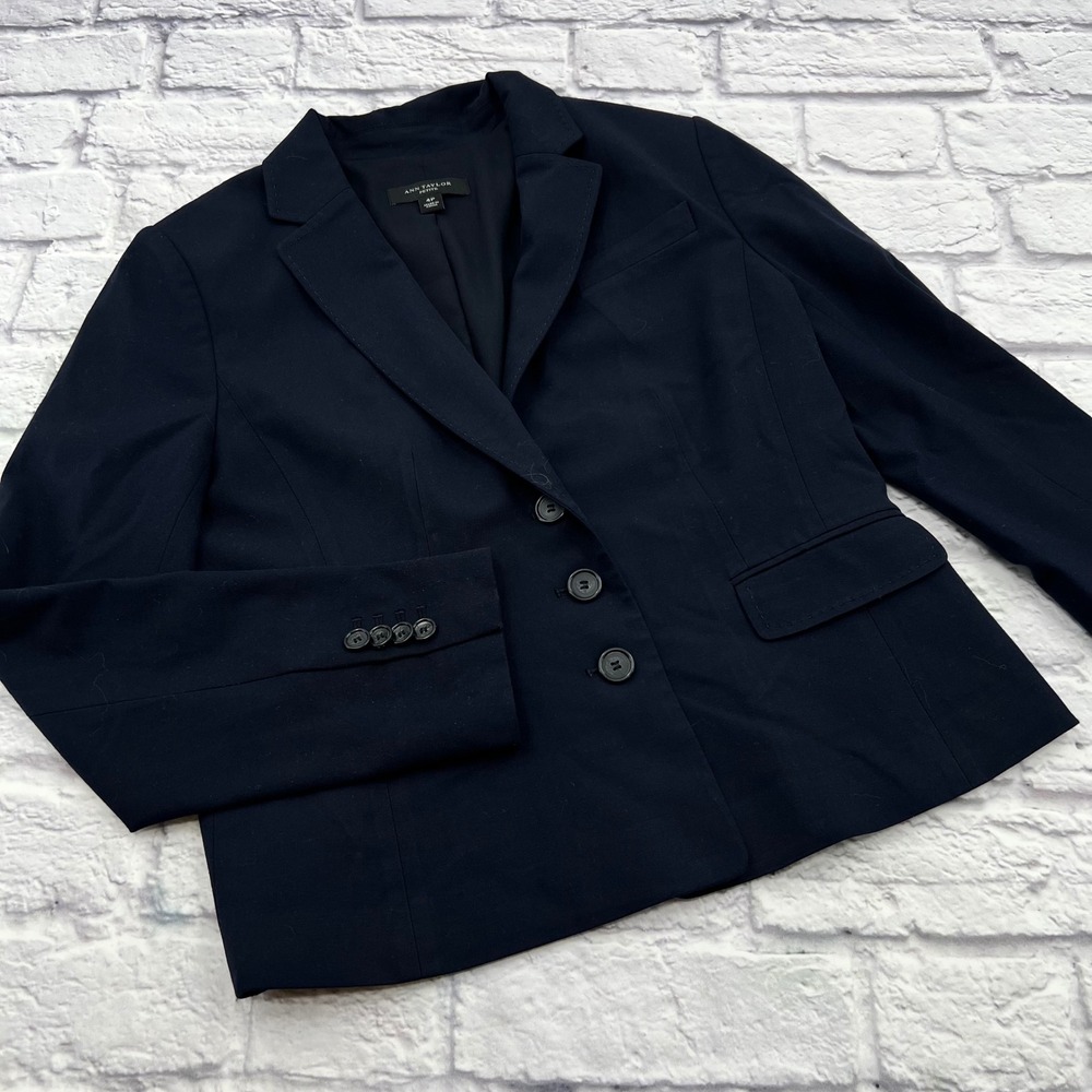 Ann Taylor Petite Women"s Dark Navy Blue 3-Button Blazer Jacket Size 4P